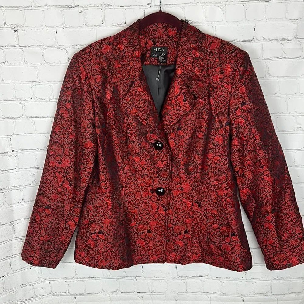 MSK Silk Red and Black Embroidered Blazer Size Large